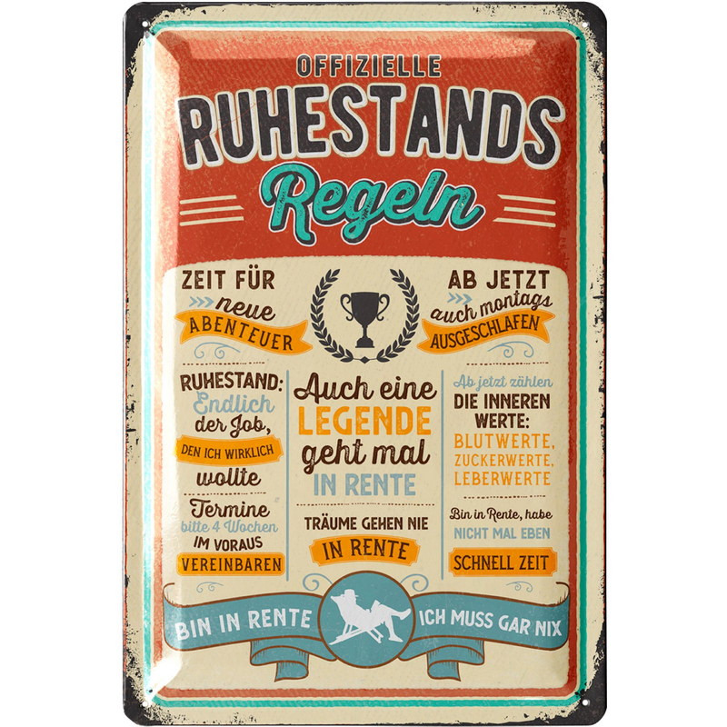 Blechschild Ruhestandsregeln  - Lanolu 20x30 cm