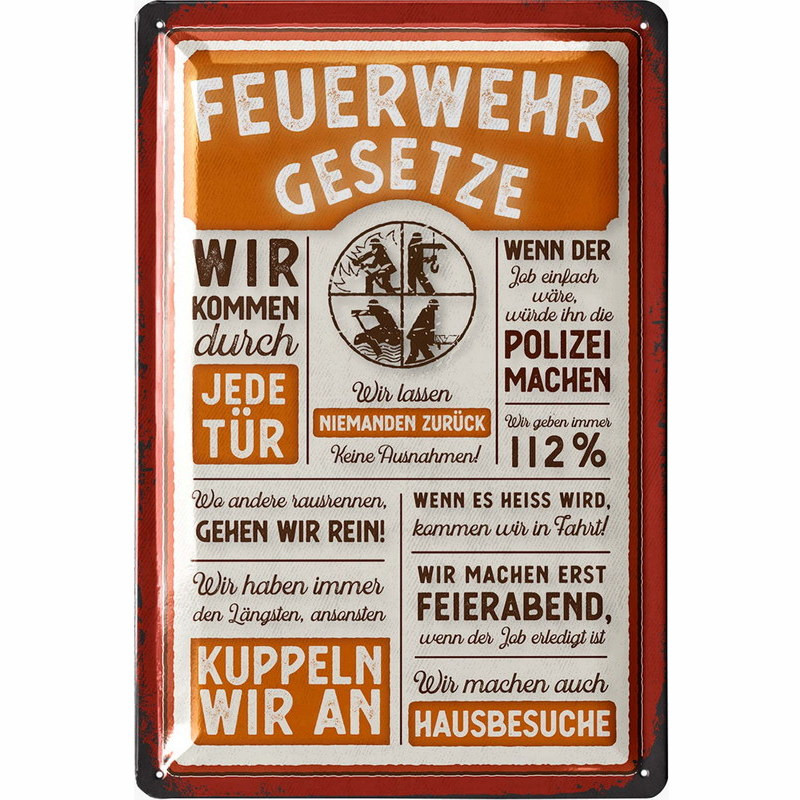 Blechschild Feuerwehr Gesetze - Lanolu 20x30 cm