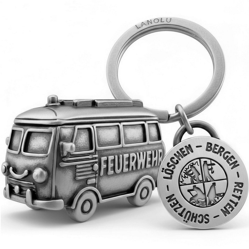 Lanolu Schlüsselanhänger "Feuerwehrauto" Vintage Silber