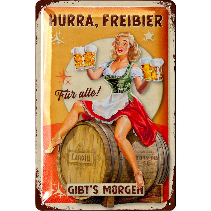 Lanolu Blechschild Hurra Freibier 20x30 cm