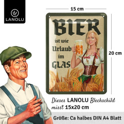 Lanolu Blechschild "Bier ist wie Urlaub im Glas" – Retro 15x20 cm