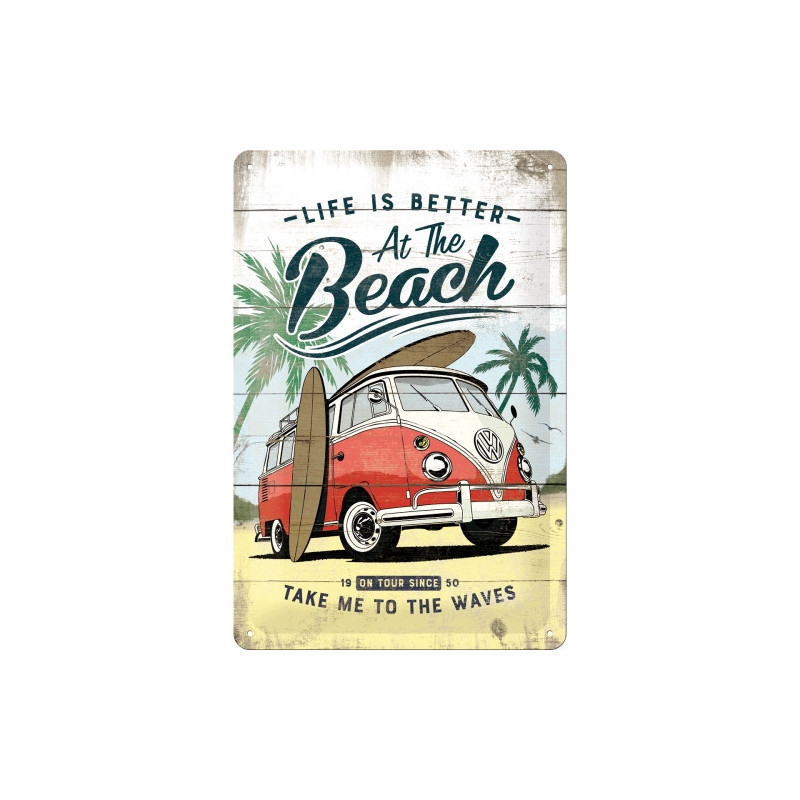 Hochwertiges Blechschild VW Bulli Beach 20x30 cm - Antik und Kultiges