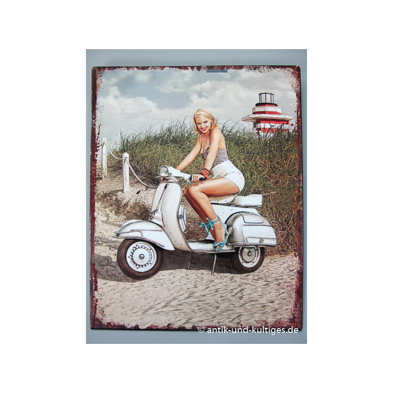 Blechschild Scooter Motorroller Pin Up Girl
