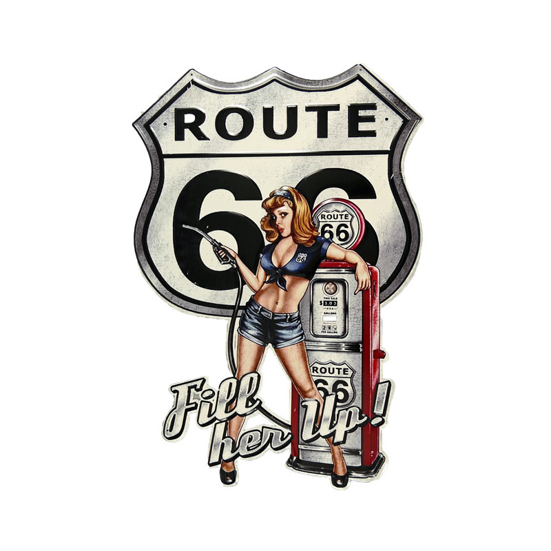 Blechschild Route 66 Fill her up Pin Up Girl