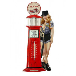 Blechschild mit Thermometer Tankstelle Pin Up Girl Ride On