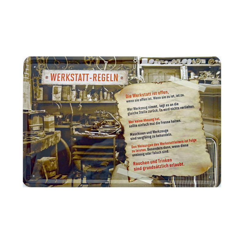 Blechschild Werkstatt Regeln mit Bild