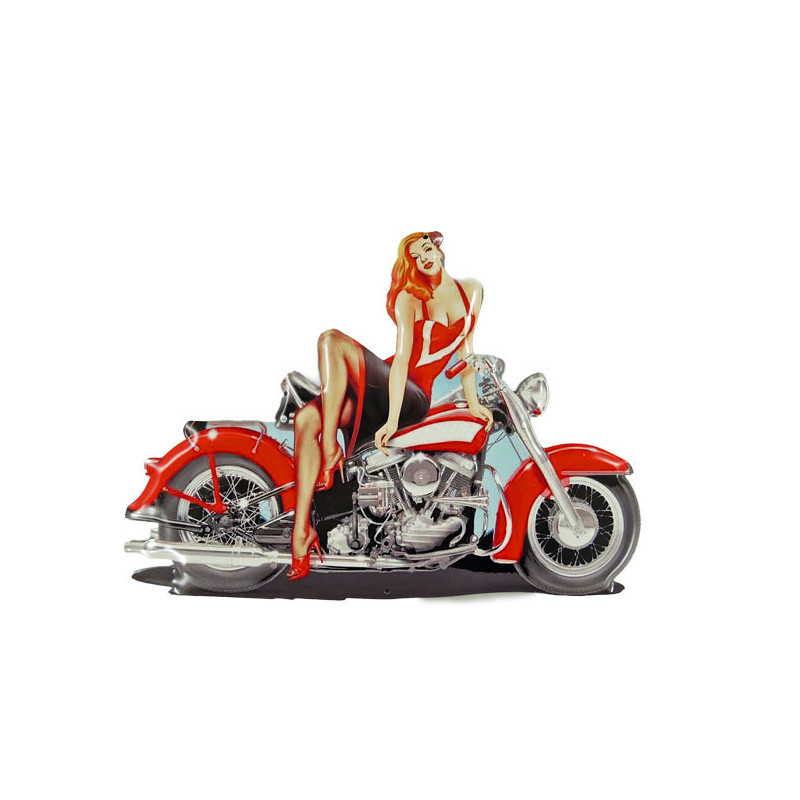 Blechschild Motorrad rot mit Pin Up Girl