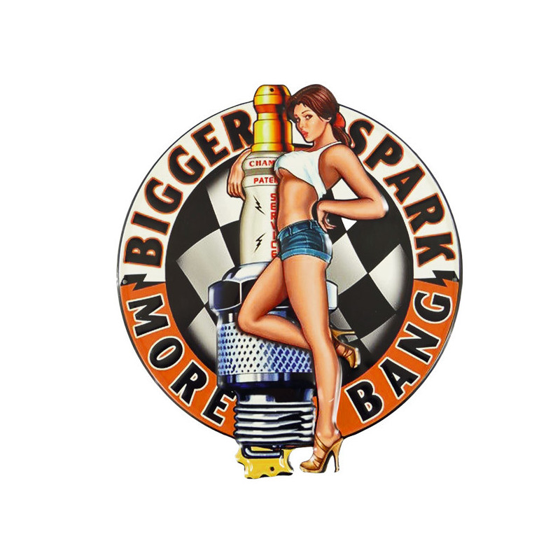 Blechschild Zündkerze Bigger Spark Pin Up Girl