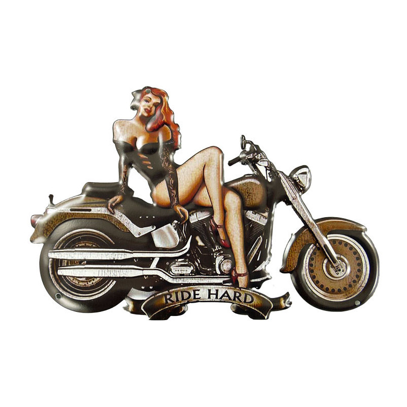 Blechschild Motorrad Ride Hard mit Pin Up Girl