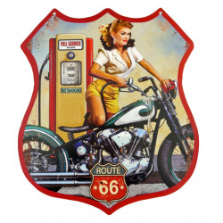 Blechschild Route 66 Motorrad mit Pin Up Girl