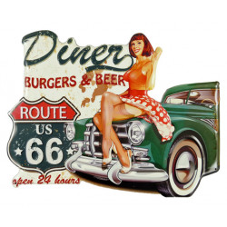 Blechschild Route 66 Diner mit Pin Up Girl
