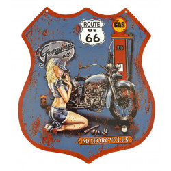 Blechschild Route 66 Motorcycle mit Pin Up Girl