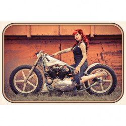 Blechschild Motorrad mit Bikergirl Pin Up