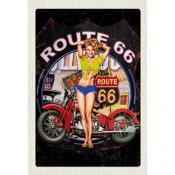 Blechschild Route 66 Motorrad mit Pin Up Girl