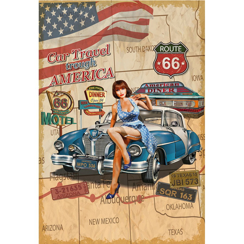 Blechschild Route 66 Pin Up Girl Car Travel Blechschild Route 66 Pin Up Girl Car Travel