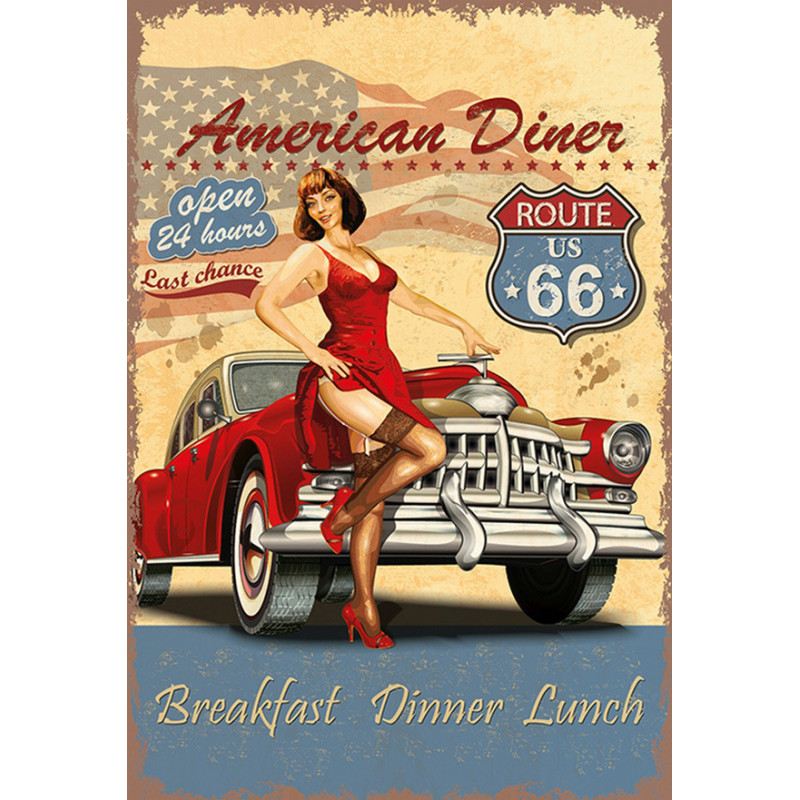 Blechschild Route 66 American Diner Pin Up Girl Auto