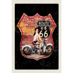 Blechschild Route 66 Motorrad mit Pin Up Girl