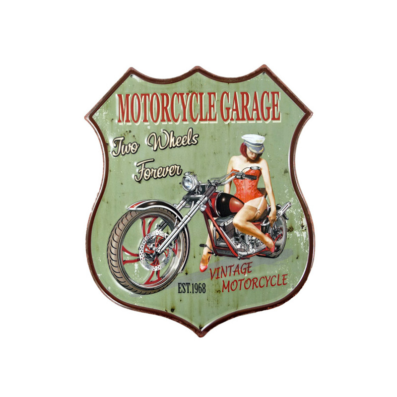 Blechschild Motorcycle Garage Pin Up Girl